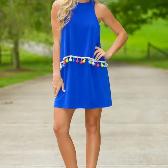 Judith March Royal Blue Rainbow Tassel Trim Tiered Tank Dress Size M - Picture 7 of 8